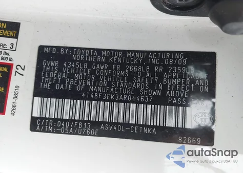 2010 Toyota Camry Se/Le/Xle z USA, uszkodzony, nr VIN 4T4BF3EK3AR044637